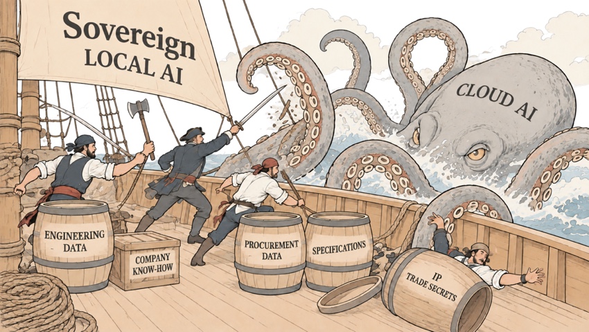Crew of a sailing ship under a sail reading Sovereign Local AI, defending barrels of engineering data, procurement data, specifications, and IP trade secrets from a giant octopus labeled Cloud AI.